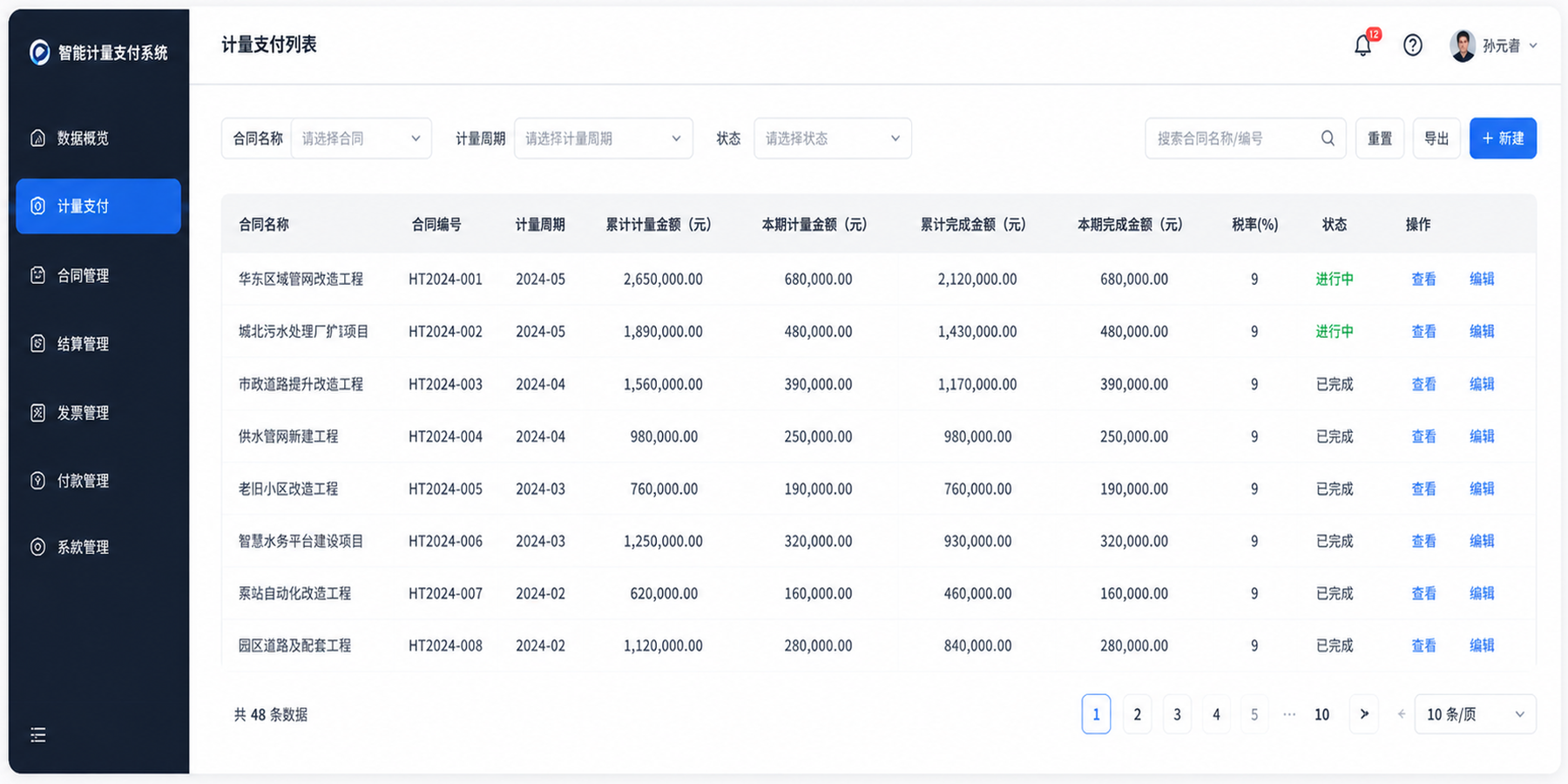 计量支付模块项目预览